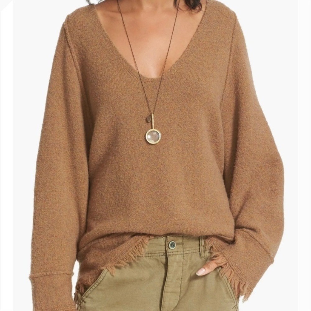 Free People Irresistible Sweater Fringe Trim Sz XS Brown V-Neck Oversized